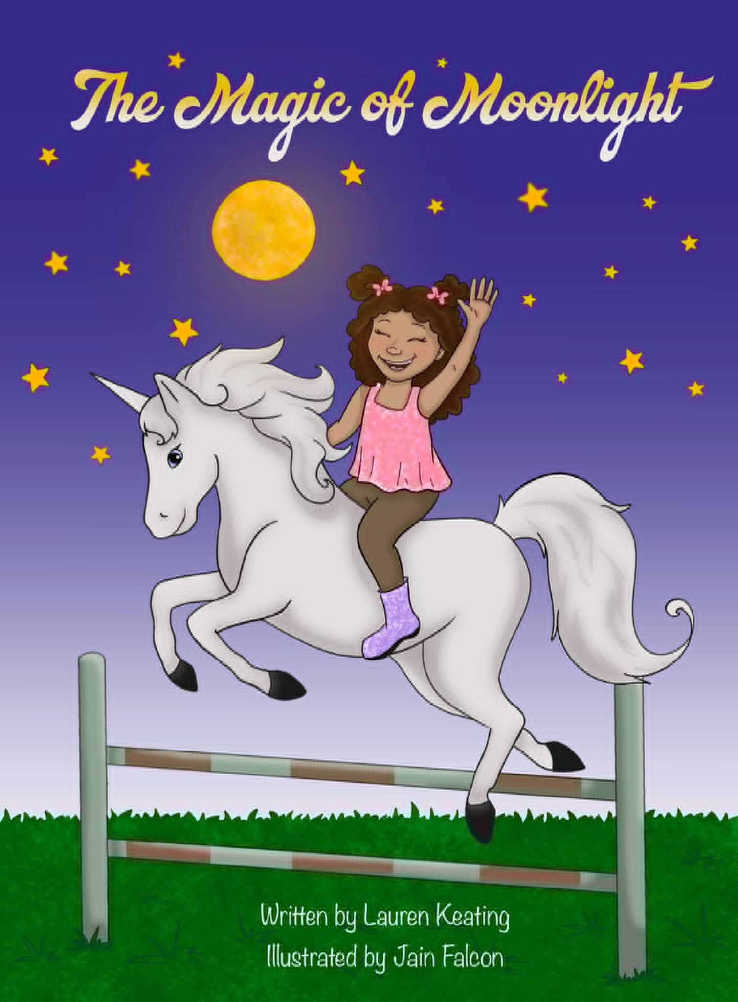 The Magic of Moonlight cover — a girl riding a white unicorn leaping under a full moon